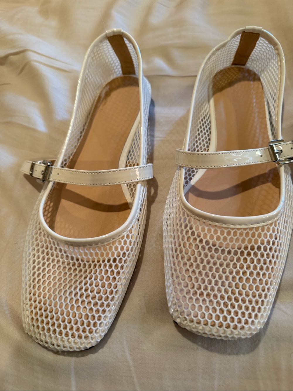 Women’s White Mesh Mary Jane Flats with Buckle Strap